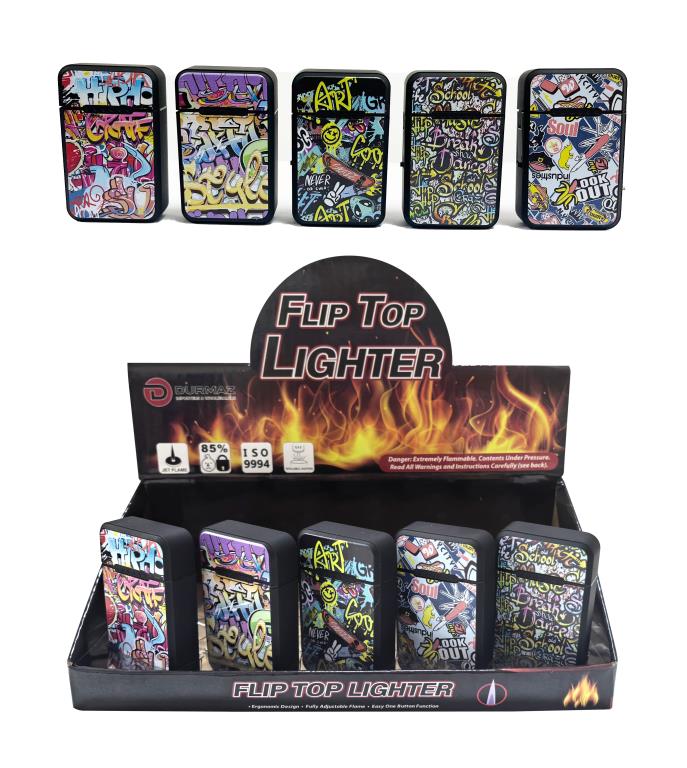 Assorted graffiti-design flip top refillable lighters in a 20-unit display box, front view