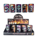 Fire skull design refillable flip top lighters arranged in a 20-unit counter display box