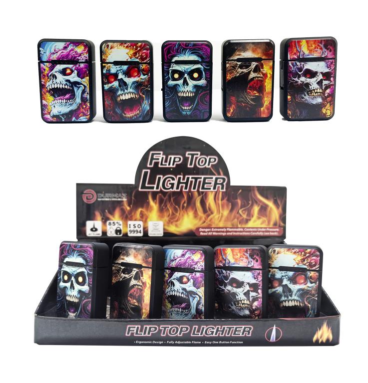 Fire skull design refillable flip top lighters arranged in a 20-unit counter display box