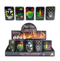 Cannabis leaf themed refillable flip top lighters in a 20-unit retail display box, assorted designs