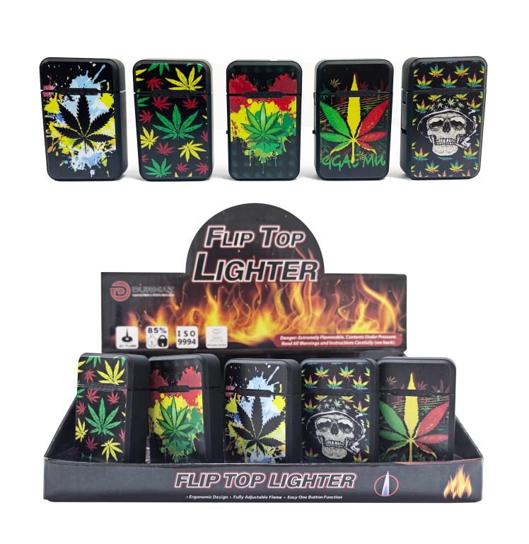 Cannabis leaf themed refillable flip top lighters in a 20-unit retail display box, assorted designs