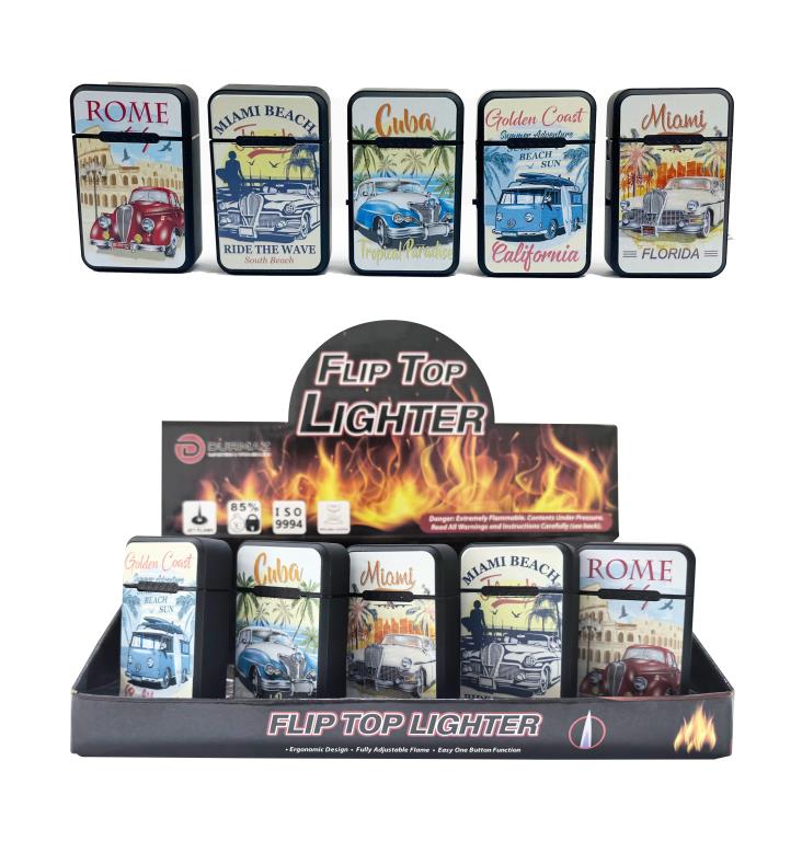 Flip top lighter in vintage car design, 66x40x16mm, assorted designs, bulk retail display pack