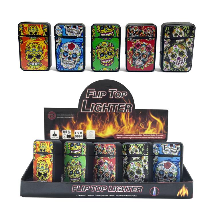 Calavera sugar skull design refillable flip top lighters in a wholesale 20-unit display box