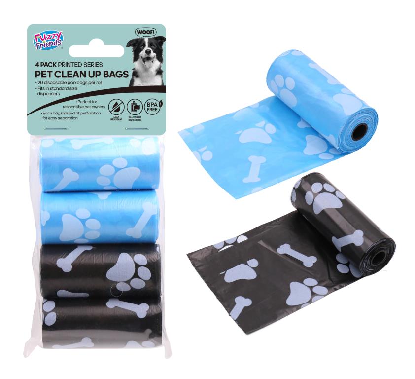 4PK Printed Pet Clean Up Bags (20 Bags Per Roll) - 22CM x 30CM