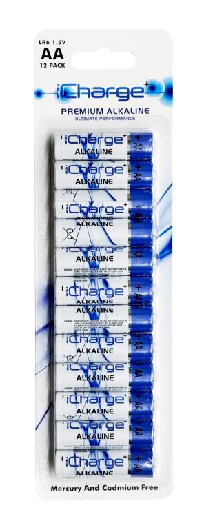 12PK iCharge Premium Alkaline AA Batteries - Ultimate Performance