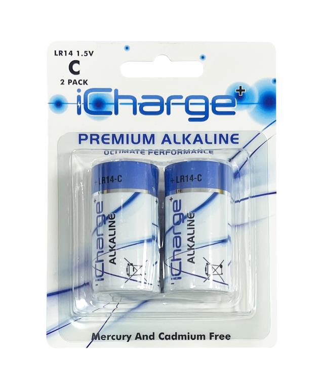 2PK iCharge Premium Alkaline C Size Batteries- Ultimate Performance