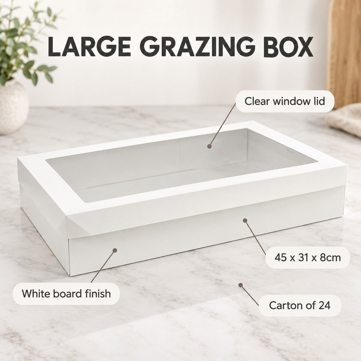 Large grazing box features: clear window lid, 45 x 31 x 8cm white board, carton of 24
