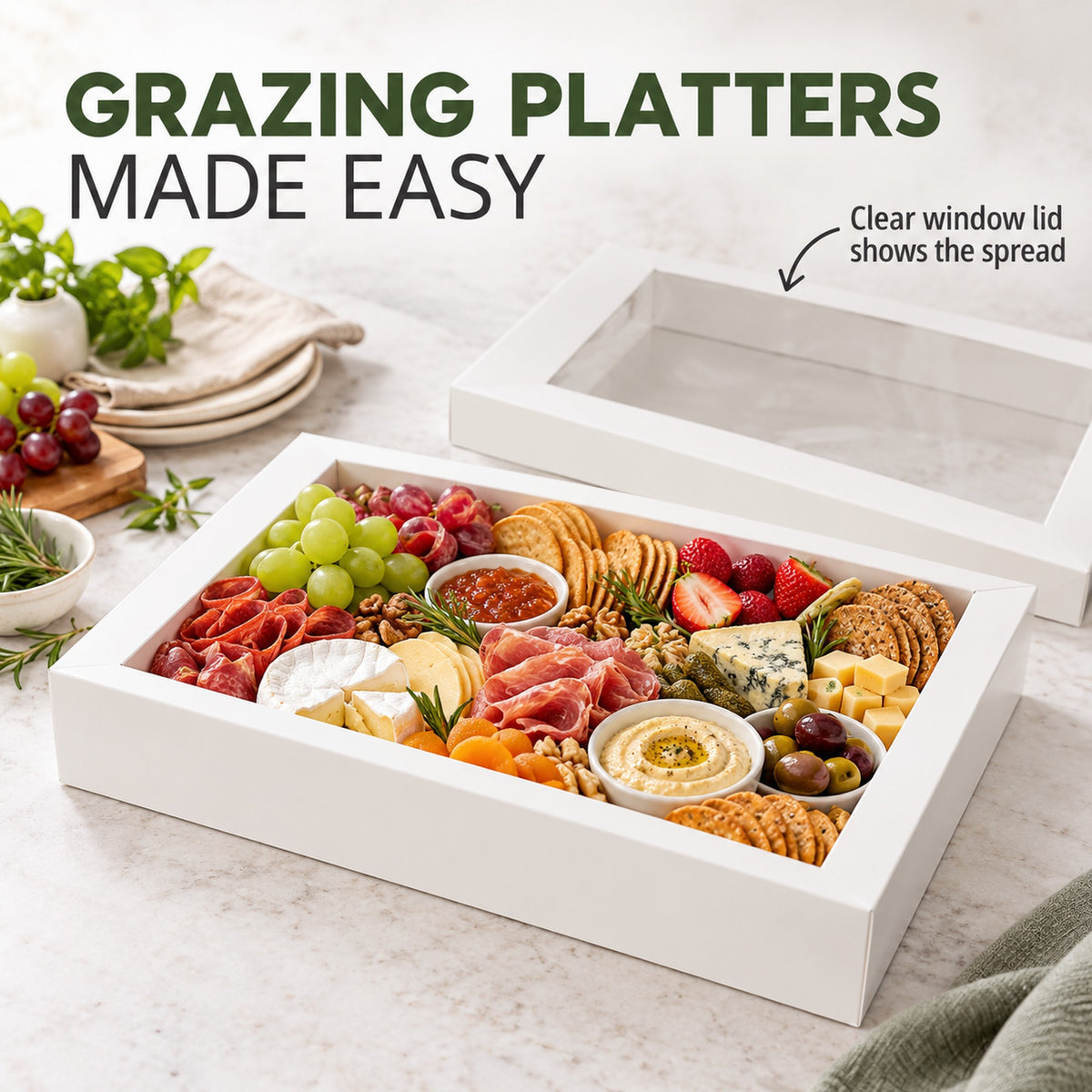 White grazing box filled with a cheese and charcuterie grazing platter, clear window lid beside it