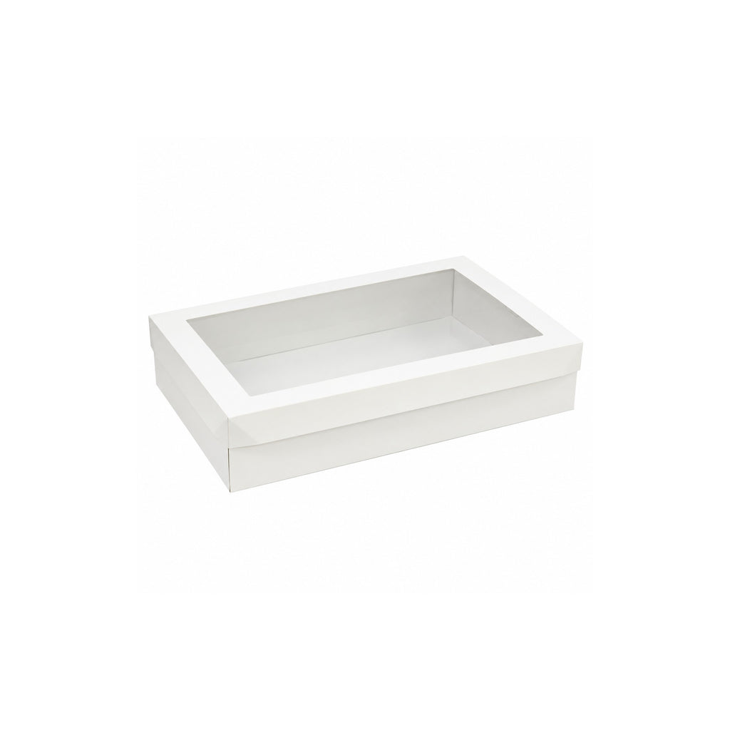 Large white grazing box with clear window lid on a white background