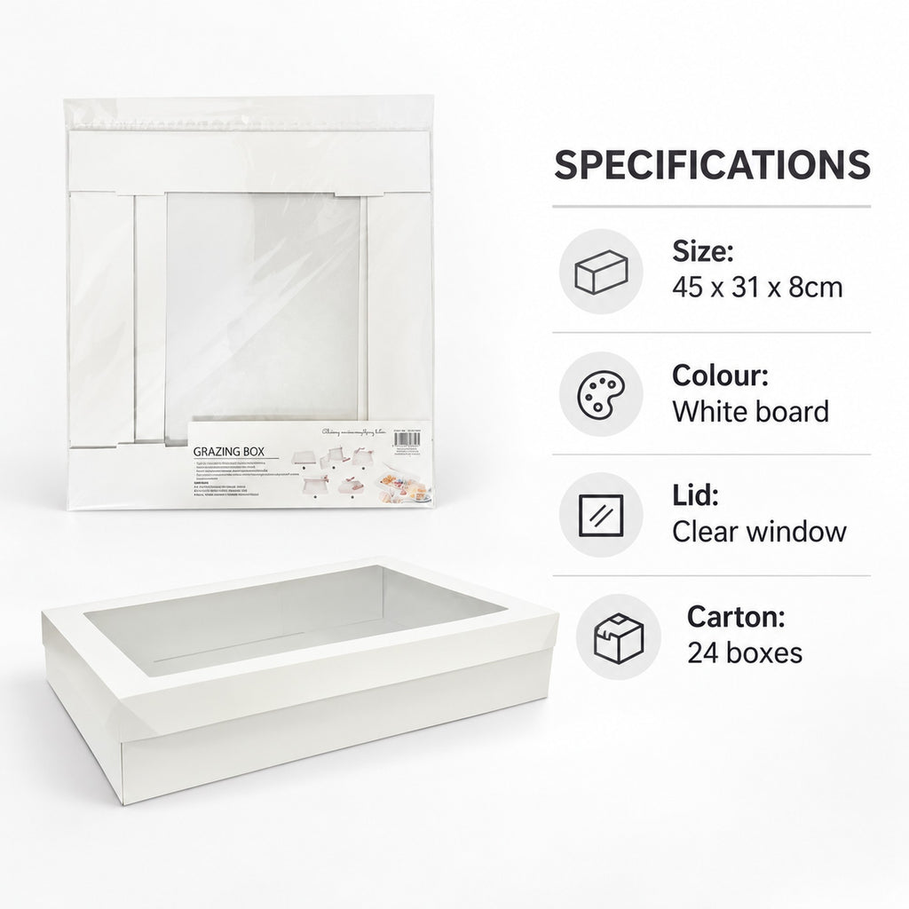 Grazing box specifications: 45 x 31 x 8cm, white board, clear window lid, carton of 24 boxes