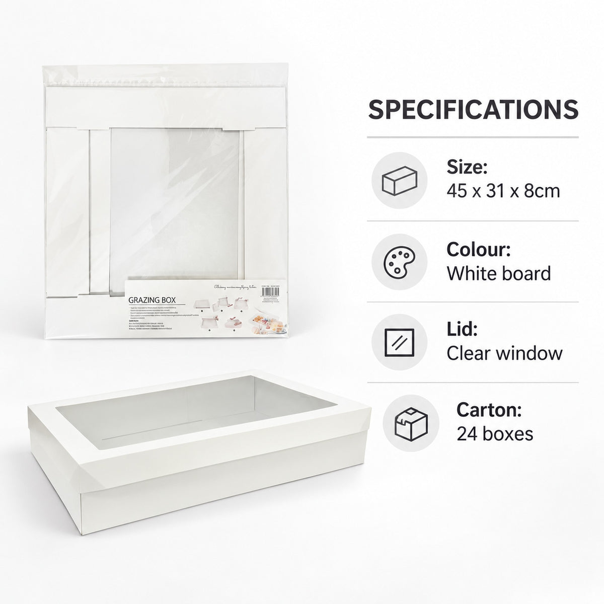 Grazing box specifications: 45 x 31 x 8cm, white board, clear window lid, carton of 24 boxes