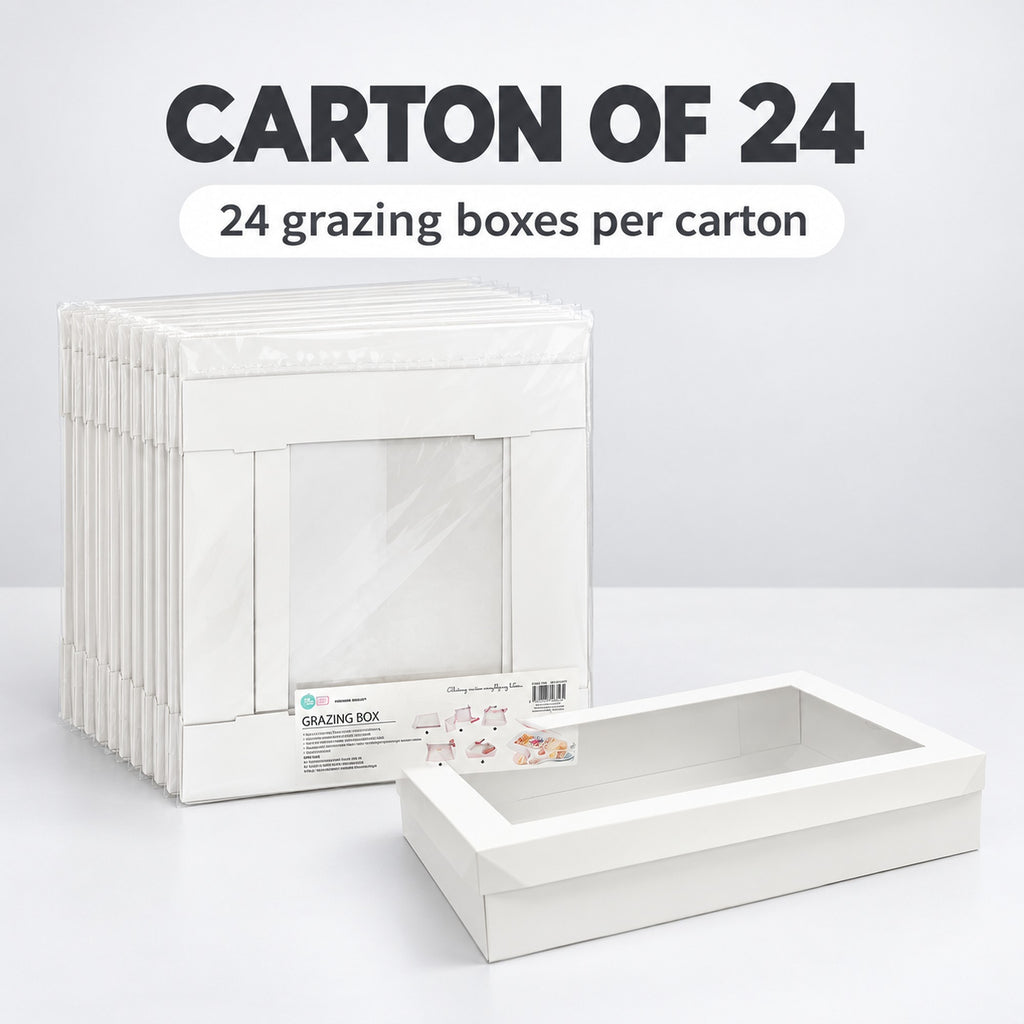 Carton of 24 white grazing boxes with a single assembled box