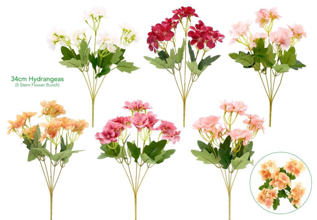 Decorative Artificial Flowers - 5 Stem 34CM Hydrangeas