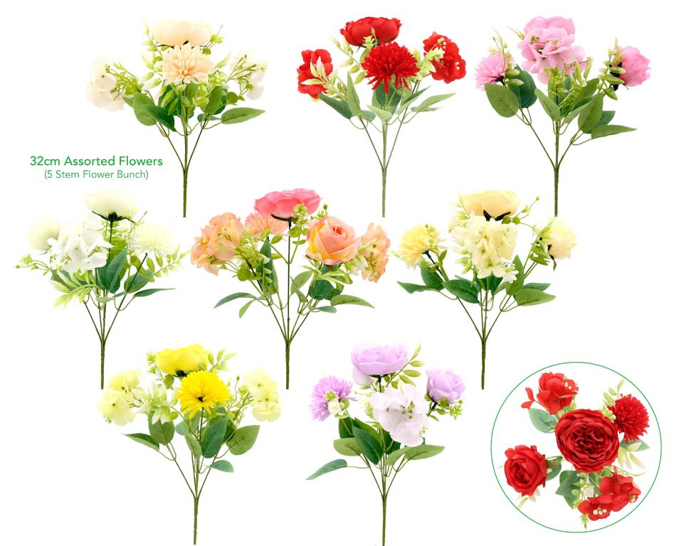 Decorative Artificial Flowers - 5 Stem 32CM Hydrangea/Peony/Rose & Allium Mixed Bunch