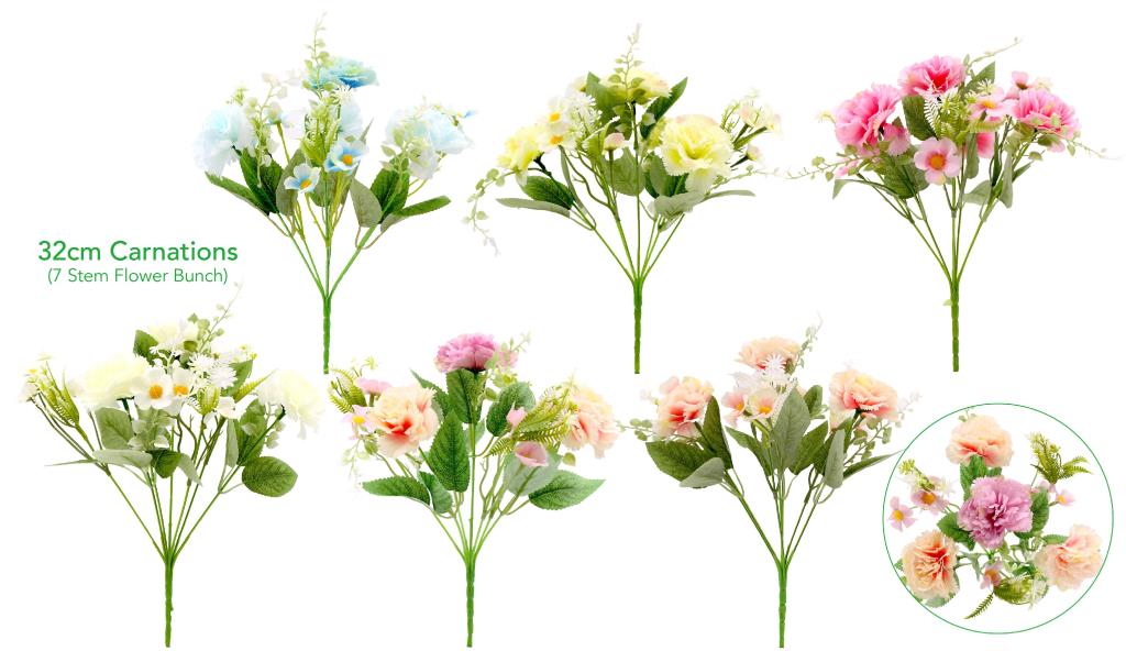 Decorative Artificial Flowers - 7 Stem 30CM Carnation Bunch