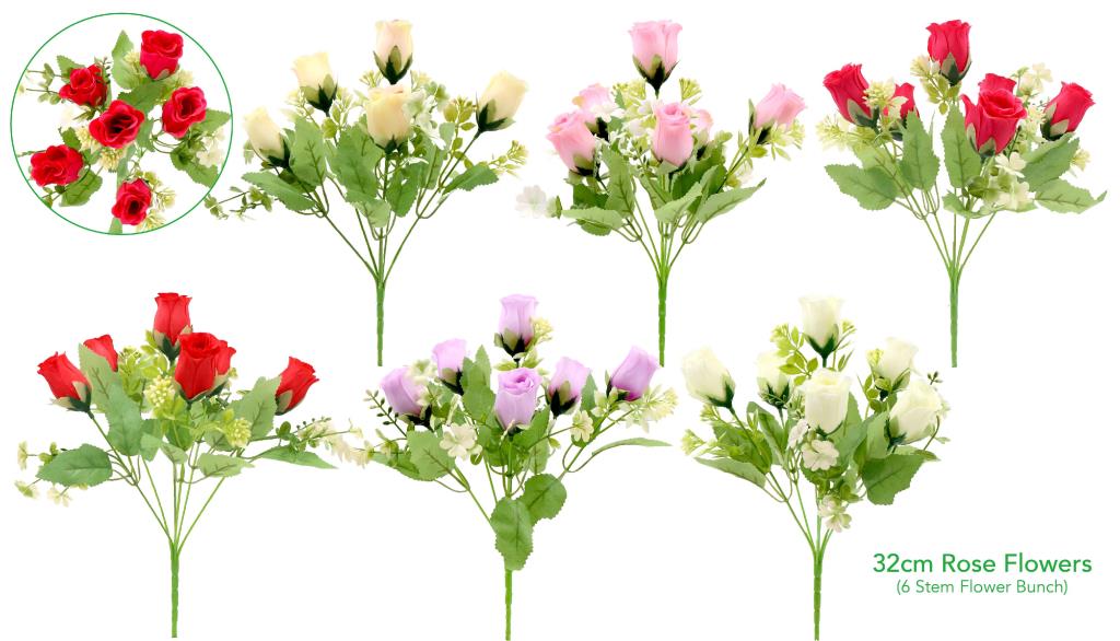 Decorative Artificial Flowers - 6 Stem 32CM Rose Bunch