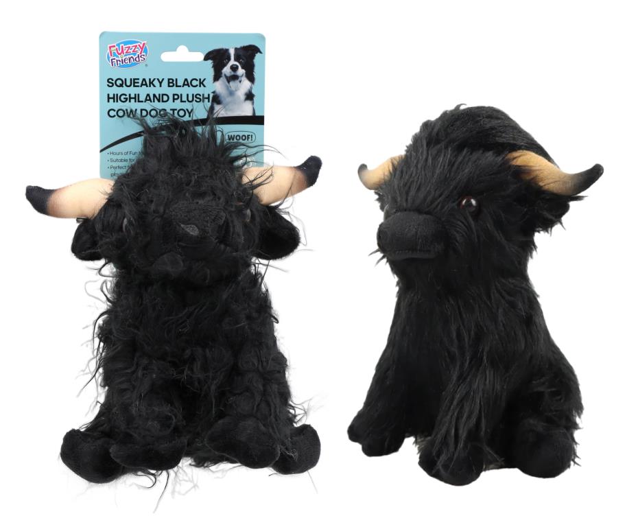 Squeaky plush black Highland Cow dog toy 28cm x 14cm x 16cm – 260g novelty toy plush dog
