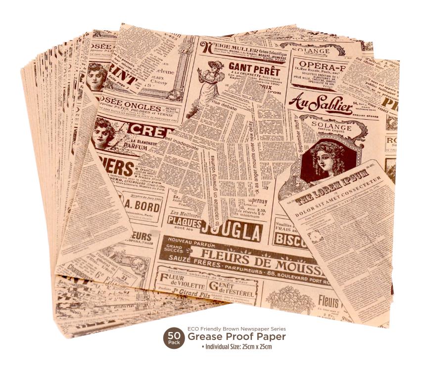 Brown biodegradable greaseproof paper sheets 25x25cm, 50-pack, bulk wholesale for cafes and food wrapping