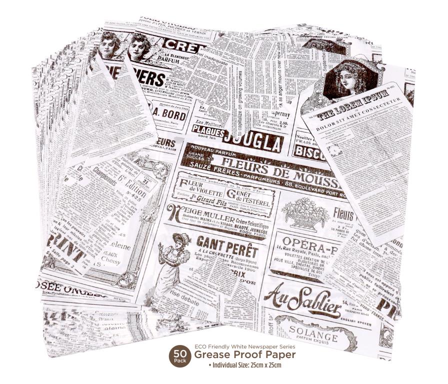White biodegradable greaseproof paper sheets 25x25cm, 50-pack bulk wholesale for bakeries and cafe food wrapping