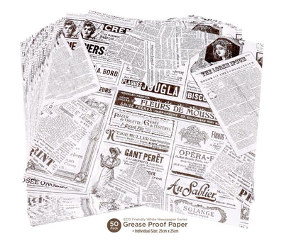 White biodegradable greaseproof paper sheets 25x25cm, 50-pack bulk wholesale for bakeries and cafe food wrapping