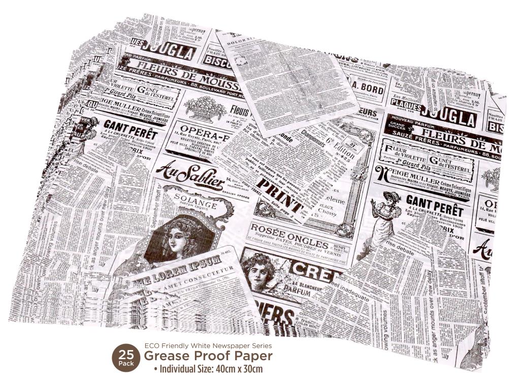 White biodegradable greaseproof paper 30x40cm sheets, 50-pack bulk carton for restaurant and catering use
