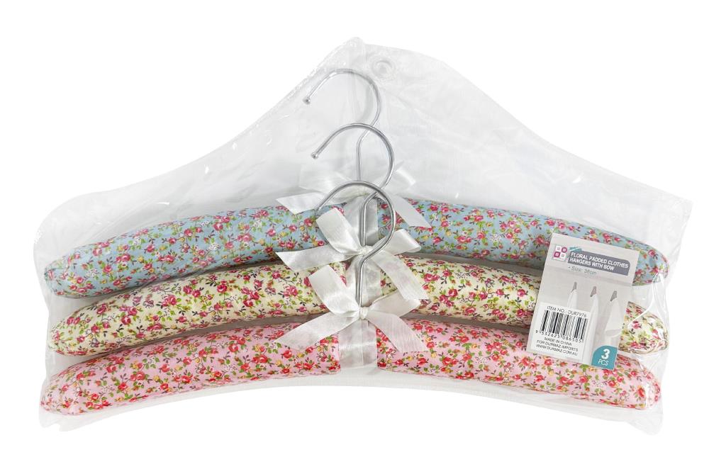 3-pack decorative satin padded velvet coat hangers in assorted designs, suitable for boutique retail display