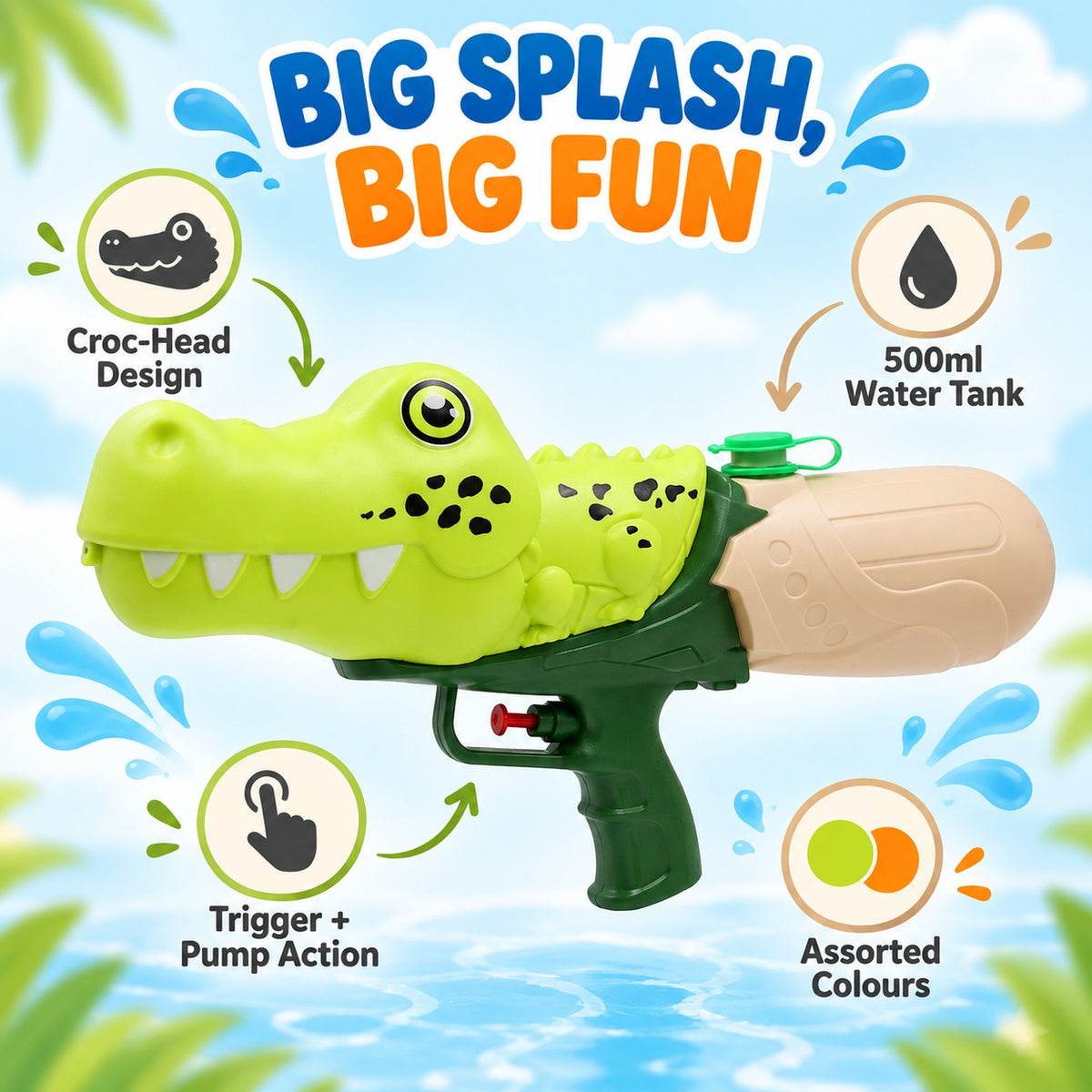 Water gun features: 500ml tank, croc-head design, trigger and pump action, assorted colours