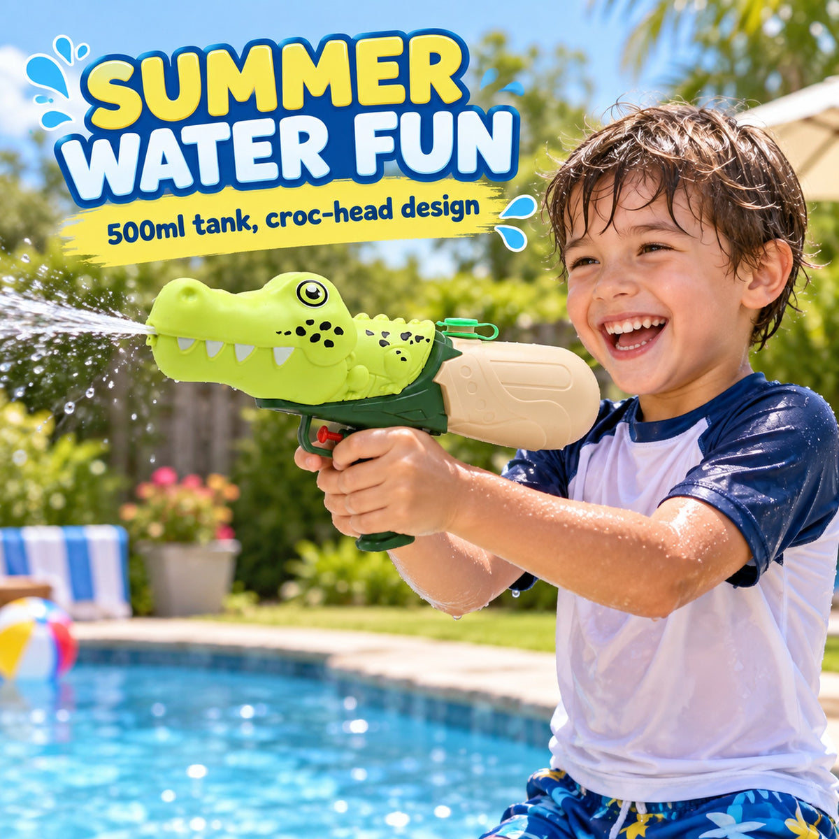 Child playing with the green croc 500ml water gun by a backyard pool in summer