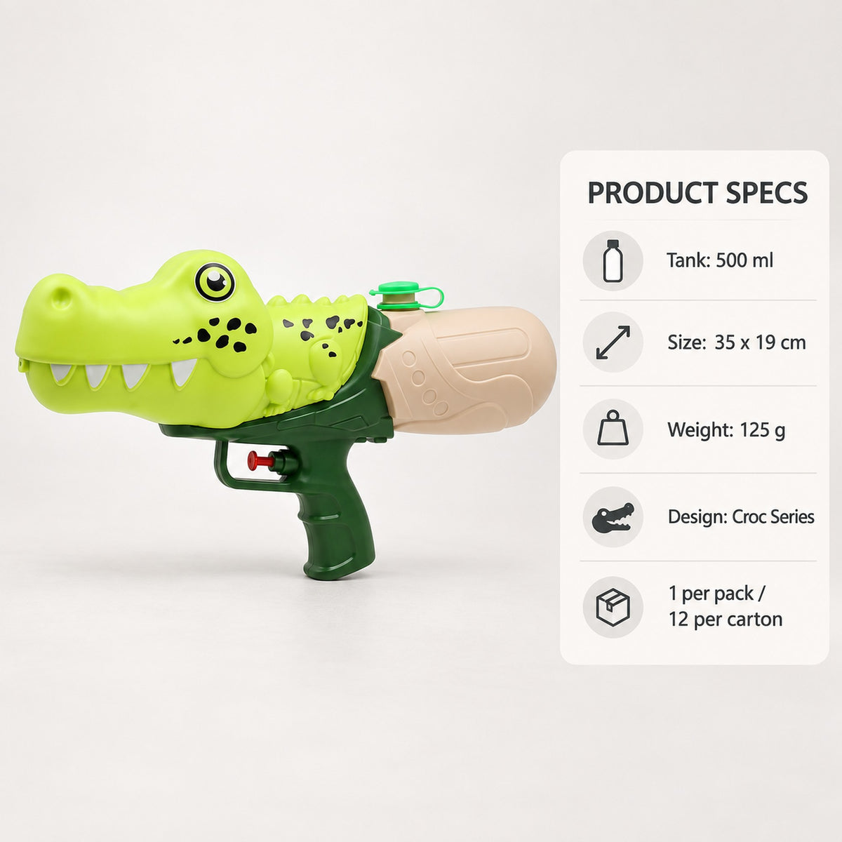 Croc water gun specs: 500ml tank, 35 x 19cm, 125g, 1 per pack, 12 per carton