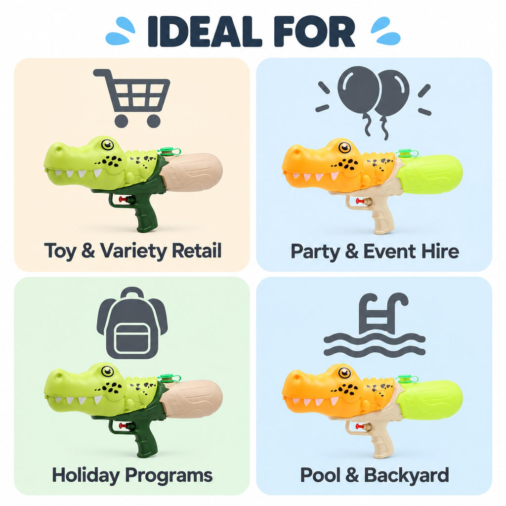 Croc water gun for toy retail, party and event hire, holiday programs and pools