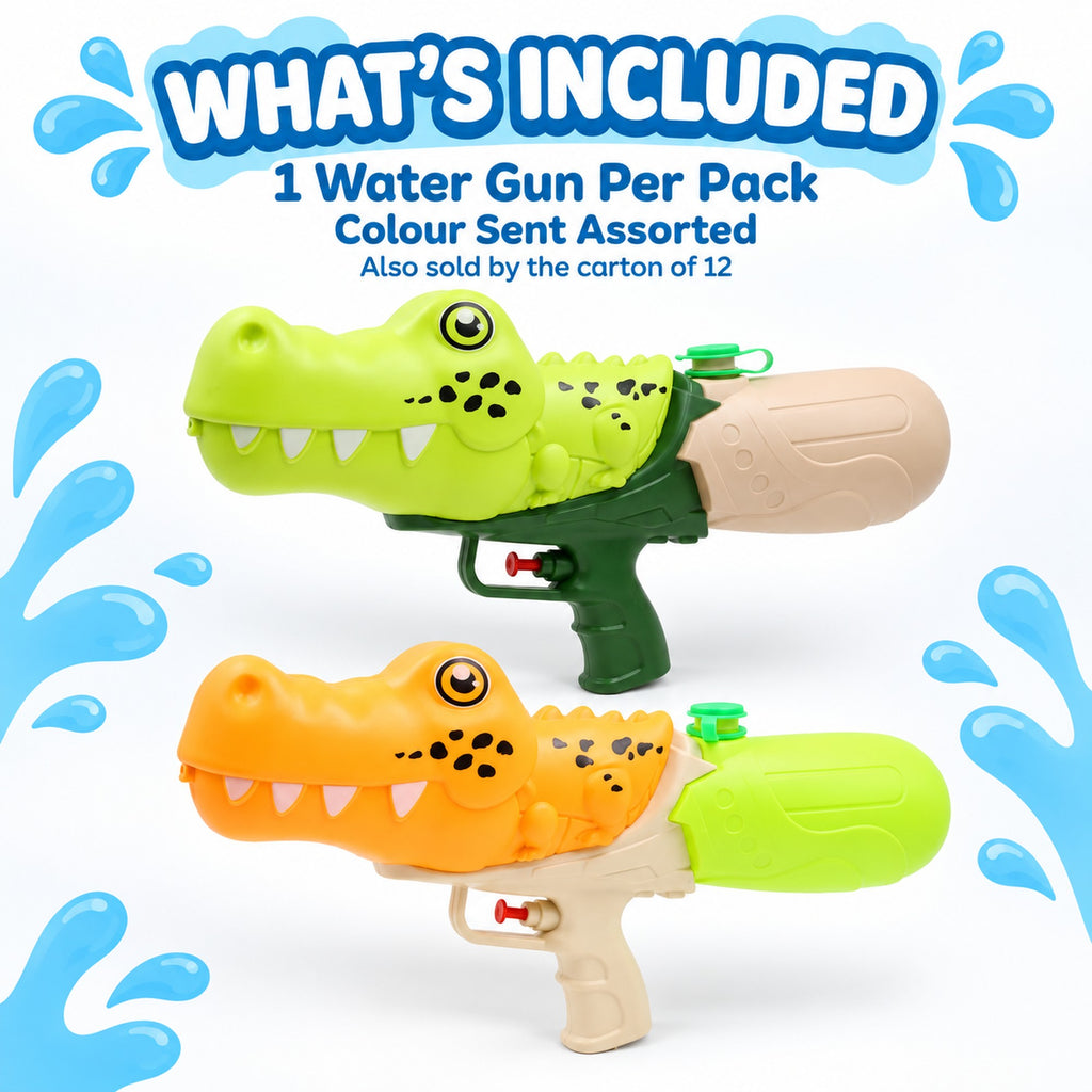 One croc water gun per pack, colour sent assorted, also sold by the carton of 12