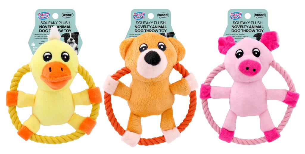 Plush and rope pet throw toy in pig duck and bear assorted designs 14cm x 16cm – wholesale bulk pack