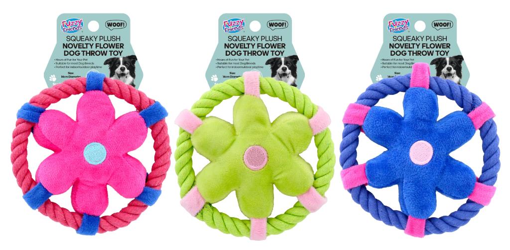 Flower series plush dog toy 14x14cm assorted designs for pet retail gift shops and event hire