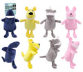 Squeaky plush smiling animal dog toy in assorted colours, 12x25cm – interactive wholesale squeaky toy for dogs