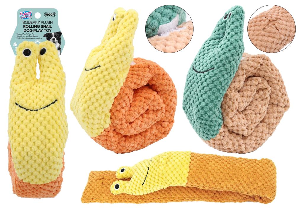 Plush rolling snail dog toy shown rolled at 22x14cm and unfolded at 70cm length – unique rope animal dog toy format