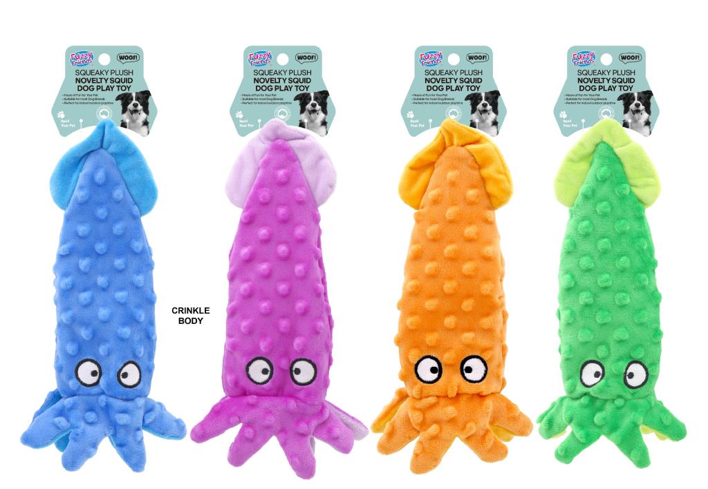 Squeaky plush novelty squid dog toy in assorted designs, 25x10cm – dangling-arm wholesale dog toy for interactive play