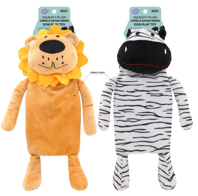 Plush crinkle safari series dog toys in assorted animal designs, 25cm x 35cm – bulk wholesale pack