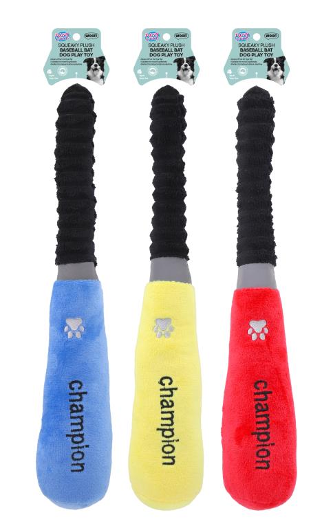 Squeaky plush baseball bat dog toy 25x5cm assorted designs for pet retail and wholesale