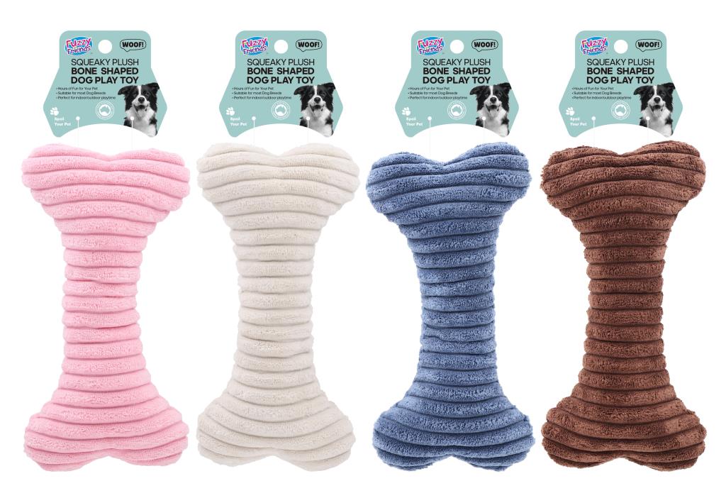 Squeaky plush bone shaped dog toy 23.5x11cm assorted designs wholesale pet retail