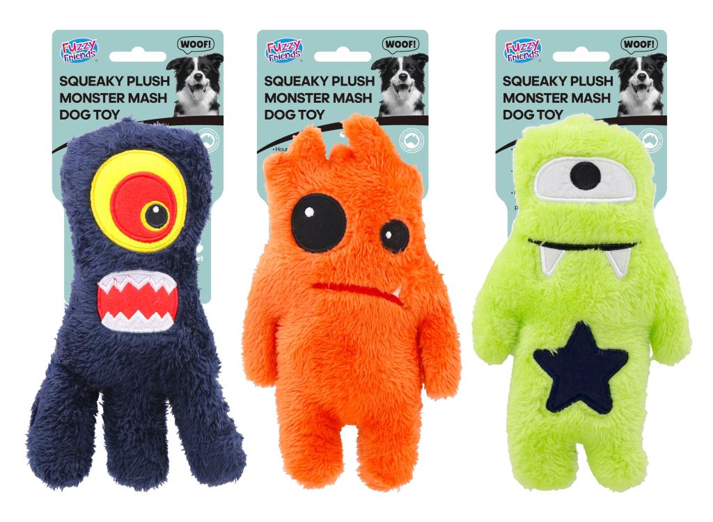 Monster mash dog plush squeaky toy 12.5x20cm assorted designs for pet retail and party hire