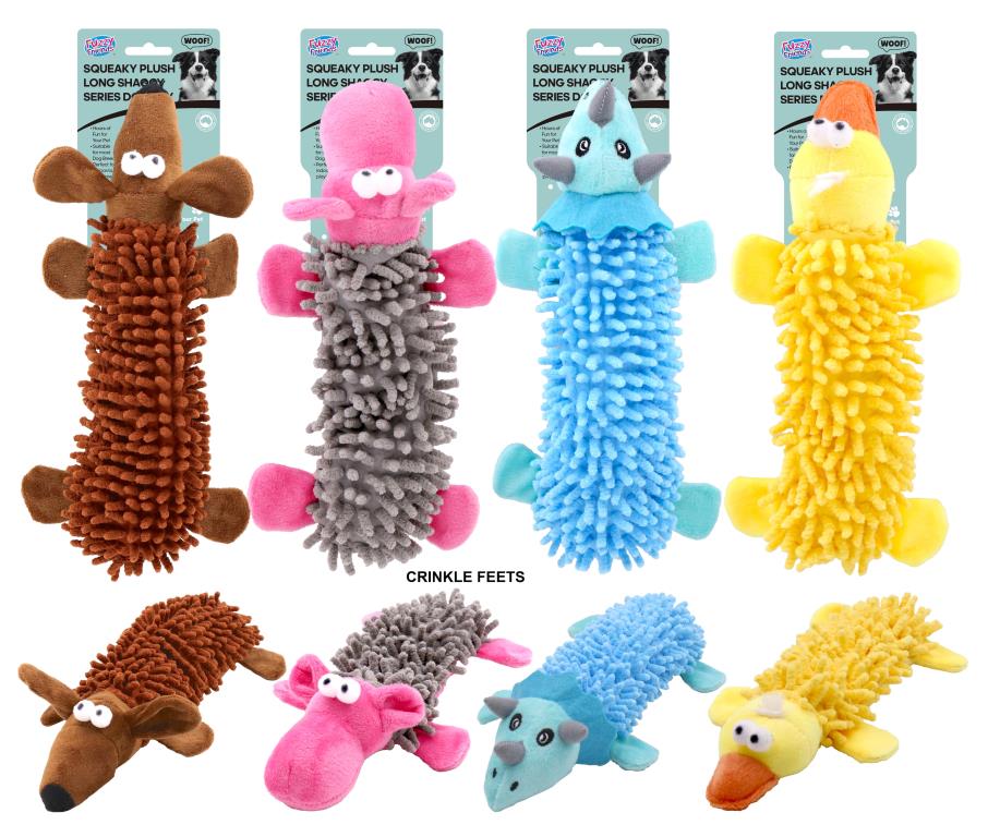 Squeaky long shaggy plush animal dog toy in assorted designs, 25x9cm – textured wholesale squeaky dog toy