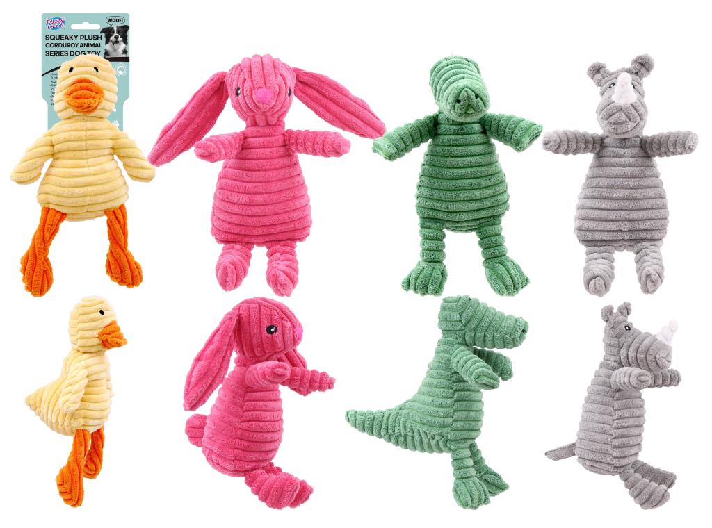 Jumbo squeaky corduroy plush animal dog toy in assorted colours, 25x18cm – premium-texture wholesale dog toy