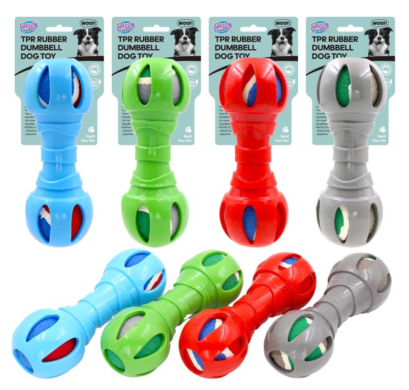 TPR rubber dumbbell dog chew toy 21cm in assorted colours – wholesale bulk pack for pet retailers