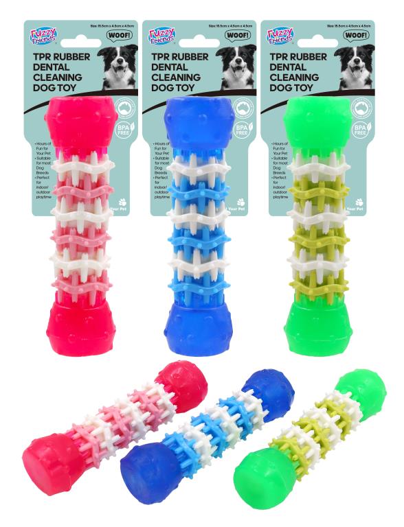 TPR rubber dental cleaning interactive dog toy 15cm x 3cm in assorted colours for chewing