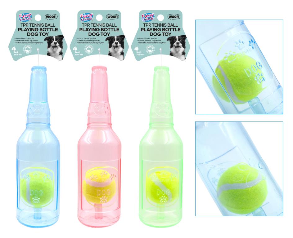 TPR tennis ball bottle interactive dog toy 5.5cm x 20cm in assorted designs for fetch and chewing