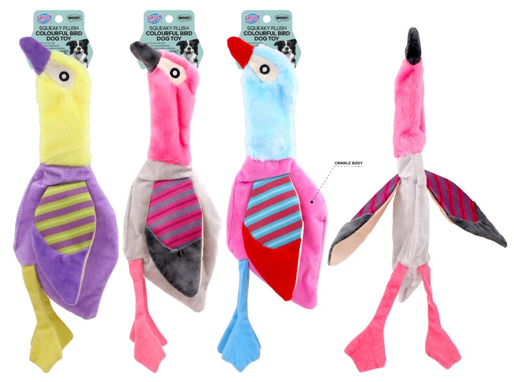 Jumbo 40cm colourful plush bird dog toy with squeaker – assorted designs, wholesale pet toy for large breeds