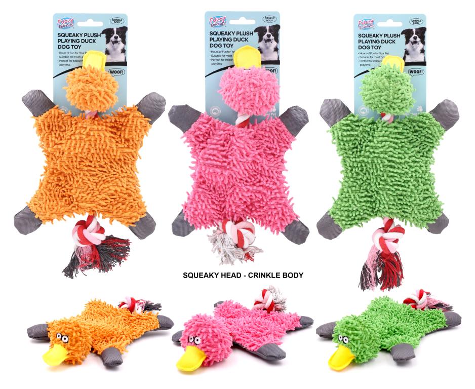 Squeaky crinkle plush duck dog toy in assorted designs at 28x17cm – dual sensory wholesale dog toy