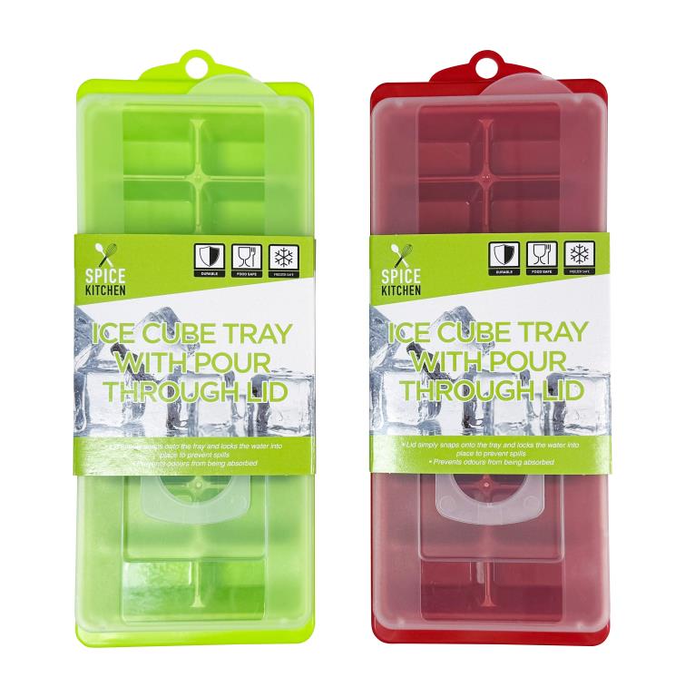 Ice cube tray with pour-through lid, 26.8cm x 10.5cm, shown in two assorted colours, carton of 24