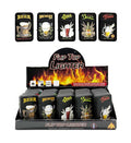 Beer themed novelty flip top refillable lighters showing 5 assorted designs, wholesale display inner box