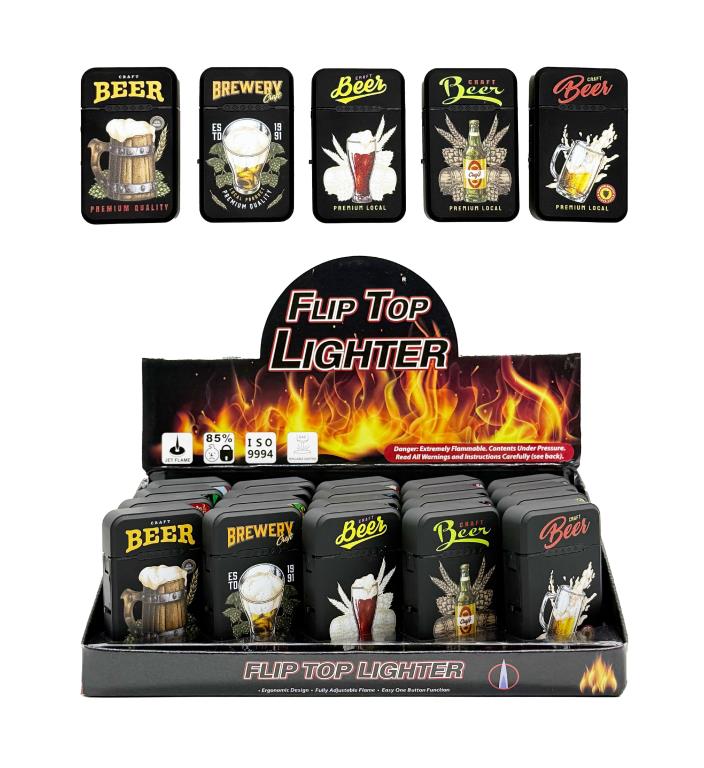 Beer themed novelty flip top refillable lighters showing 5 assorted designs, wholesale display inner box